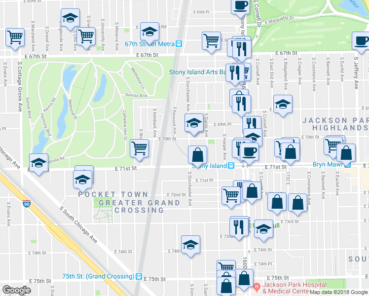 map of restaurants, bars, coffee shops, grocery stores, and more near 7012 South Dorchester Avenue in Chicago
