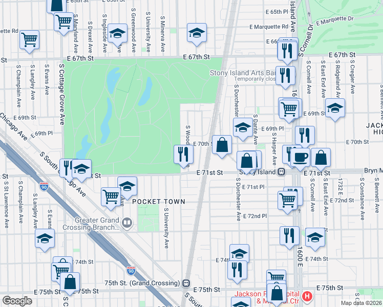 map of restaurants, bars, coffee shops, grocery stores, and more near 7006 South Woodlawn Avenue in Chicago