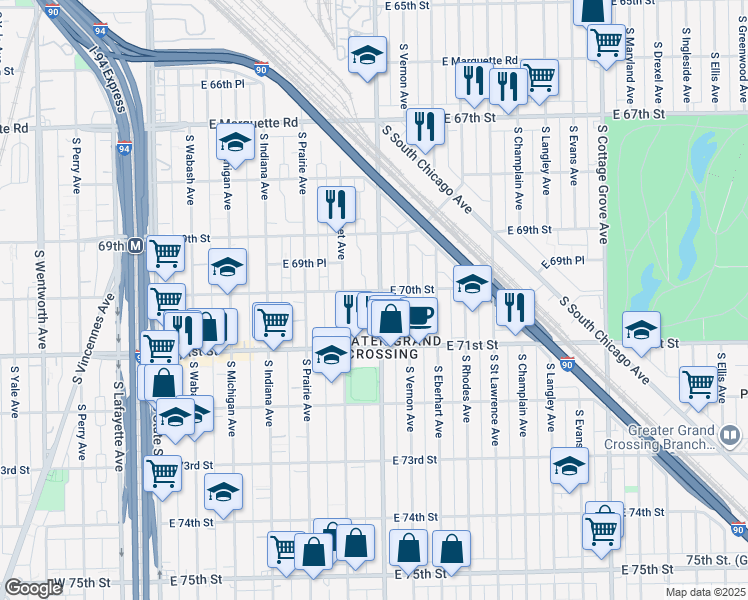 map of restaurants, bars, coffee shops, grocery stores, and more near 7001 South King Drive in Chicago