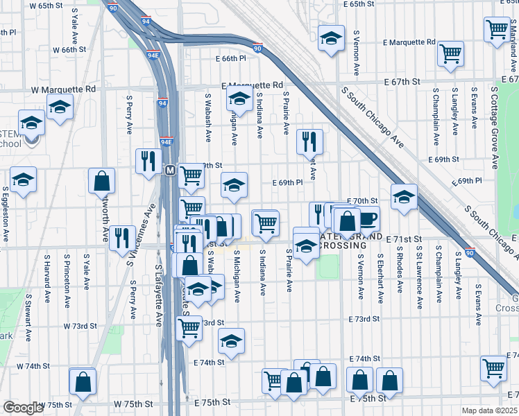 map of restaurants, bars, coffee shops, grocery stores, and more near 112 East 70th Street in Chicago