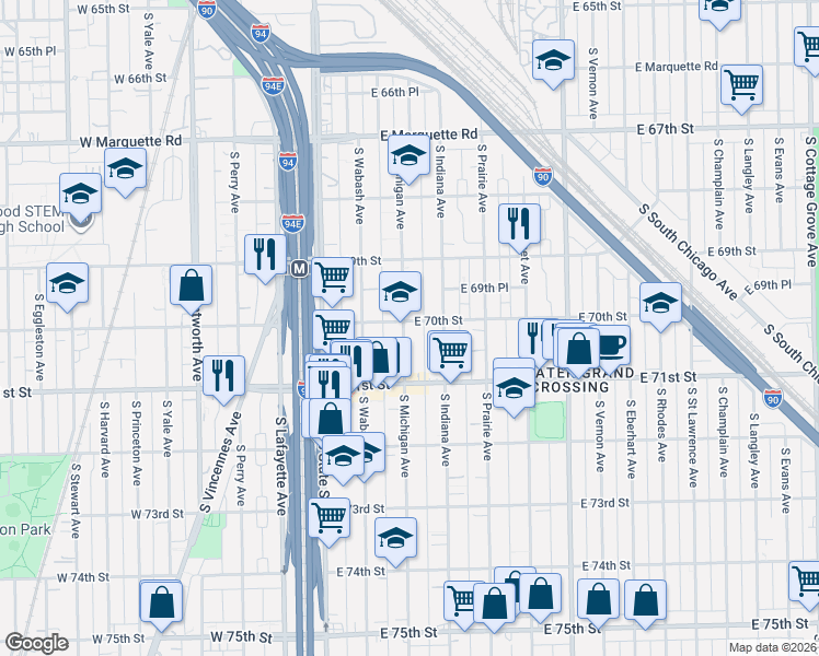 map of restaurants, bars, coffee shops, grocery stores, and more near 112 East 70th Street in Chicago