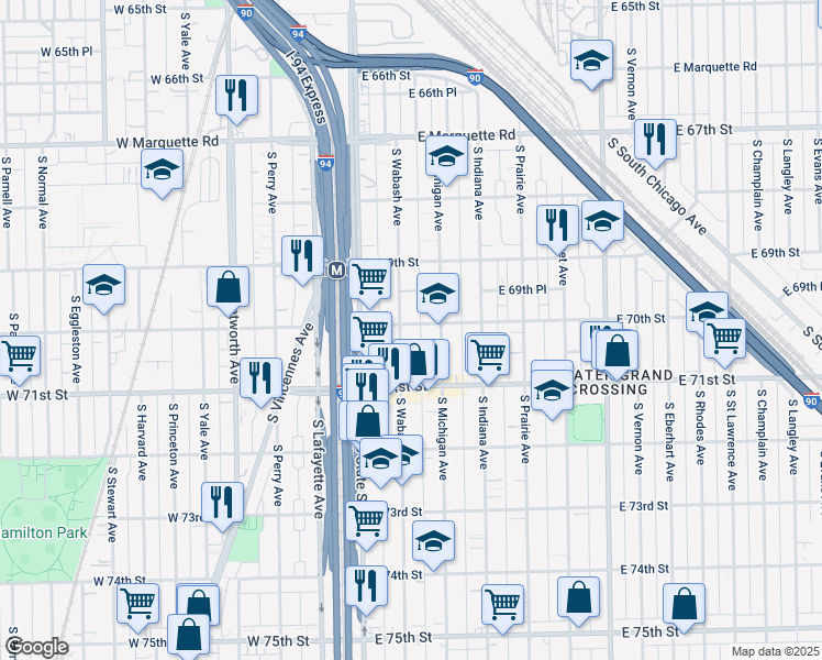 map of restaurants, bars, coffee shops, grocery stores, and more near 60 East 70th Street in Chicago