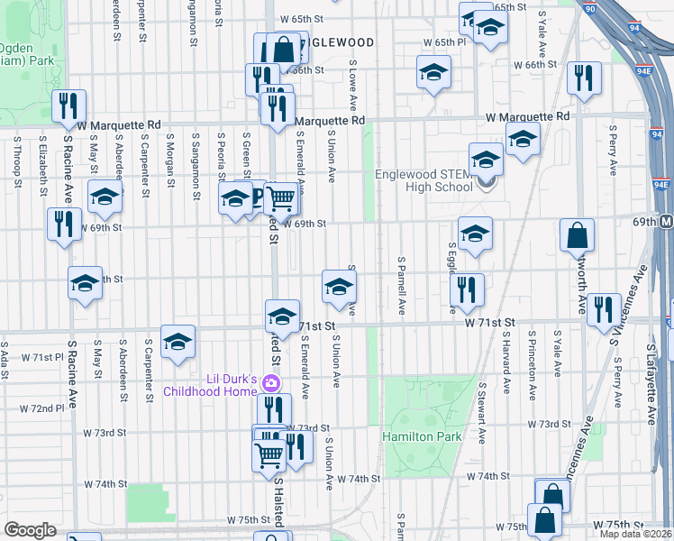 map of restaurants, bars, coffee shops, grocery stores, and more near 6949 South Union Avenue in Chicago