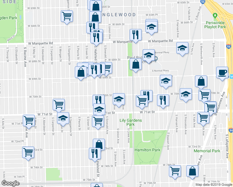 map of restaurants, bars, coffee shops, grocery stores, and more near 6949 South Union Avenue in Chicago
