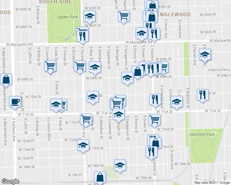 map of restaurants, bars, coffee shops, grocery stores, and more near 6940 South Morgan Street in Chicago