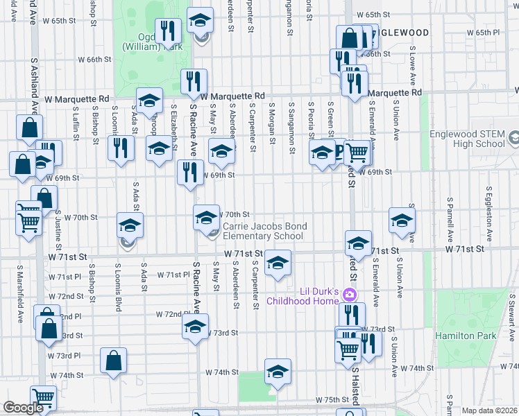 map of restaurants, bars, coffee shops, grocery stores, and more near 6940 South Morgan Street in Chicago
