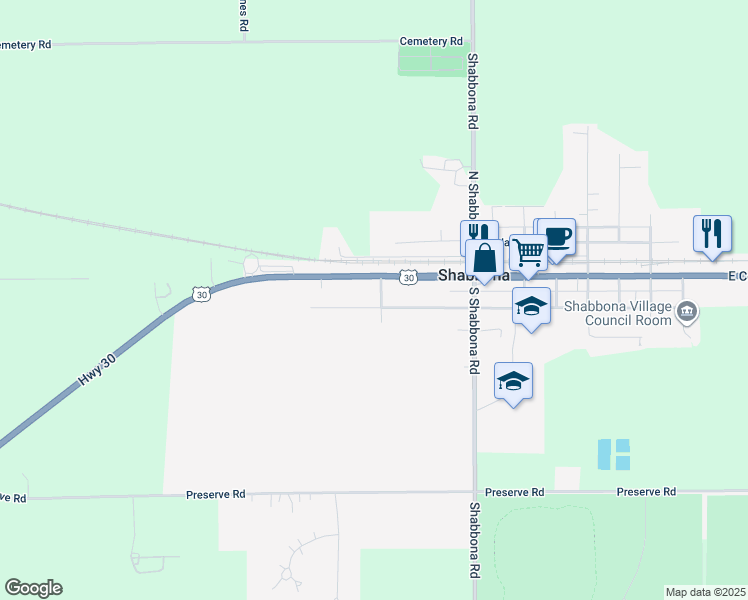map of restaurants, bars, coffee shops, grocery stores, and more near 103 South Sequoya Street in Shabbona