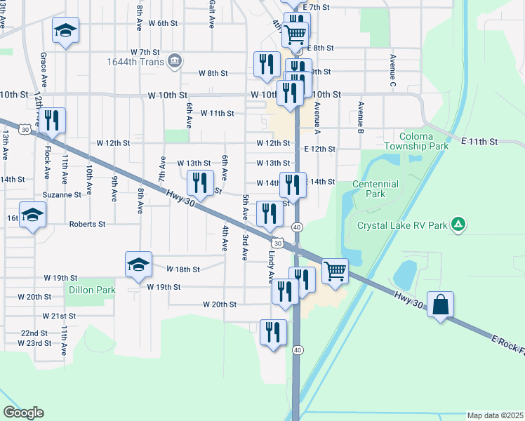 map of restaurants, bars, coffee shops, grocery stores, and more near 202 West 15th Street in Rock Falls