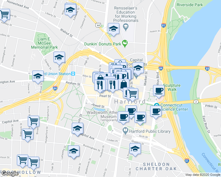 map of restaurants, bars, coffee shops, grocery stores, and more near 152 Asylum Street in Hartford
