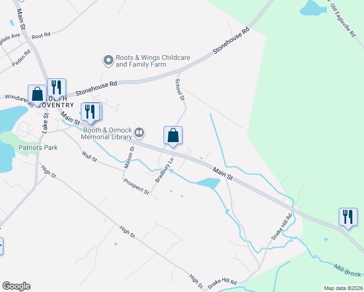 map of restaurants, bars, coffee shops, grocery stores, and more near 1024 Main Street in Coventry