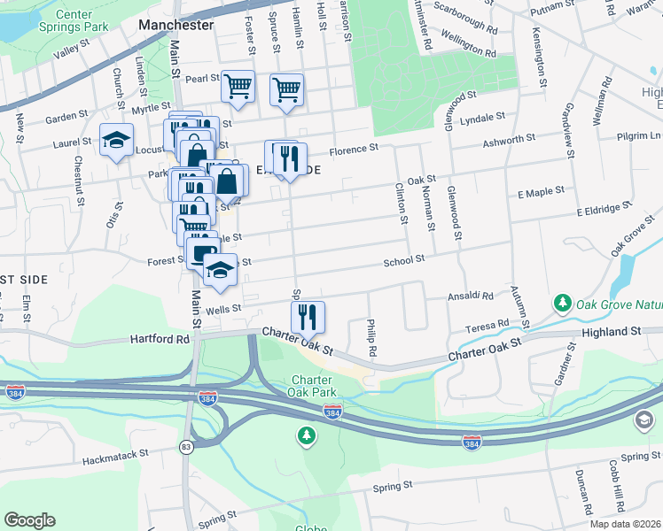 map of restaurants, bars, coffee shops, grocery stores, and more near 126 Eldridge Street in Manchester