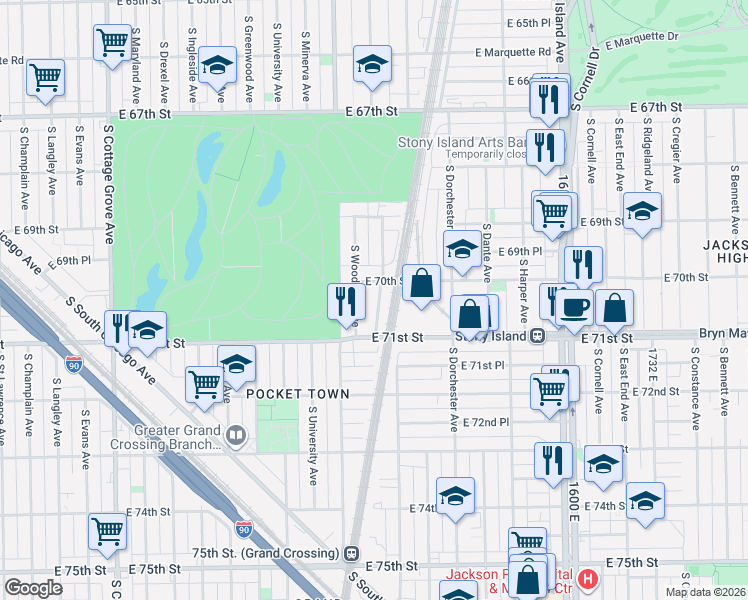 map of restaurants, bars, coffee shops, grocery stores, and more near 7005 South Kimbark Avenue in Chicago