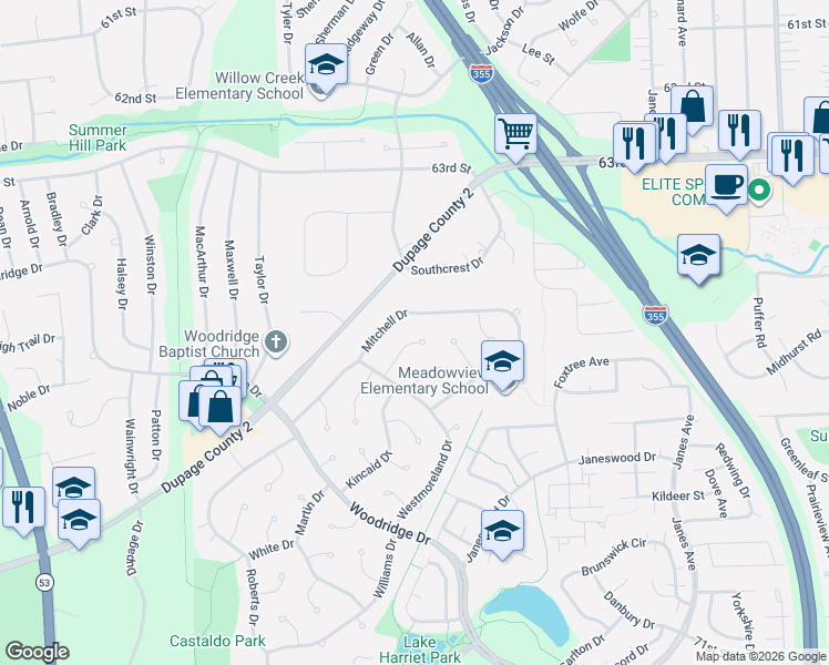 map of restaurants, bars, coffee shops, grocery stores, and more near 2703 Mitchell Drive in Woodridge