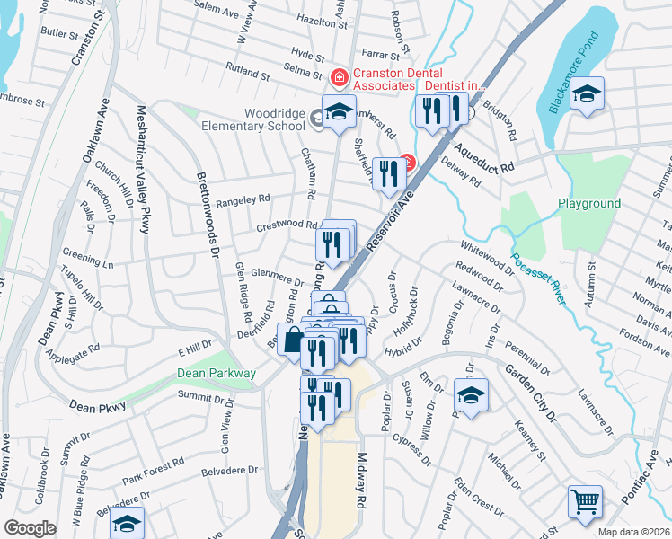 map of restaurants, bars, coffee shops, grocery stores, and more near 567 Budlong Road in Cranston