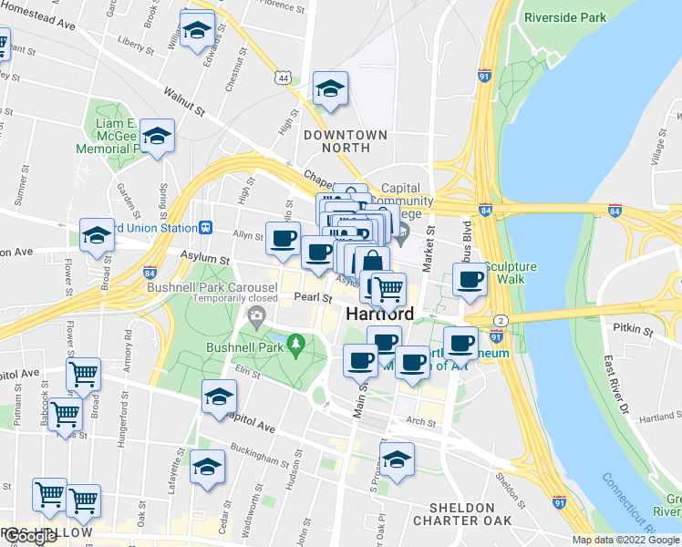 map of restaurants, bars, coffee shops, grocery stores, and more near 114 Asylum Street in Hartford
