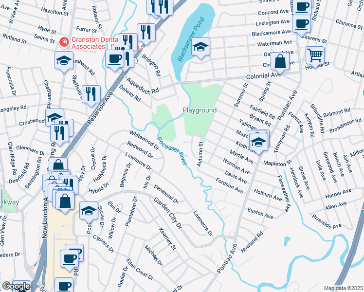 map of restaurants, bars, coffee shops, grocery stores, and more near 19 Davis Court in Cranston