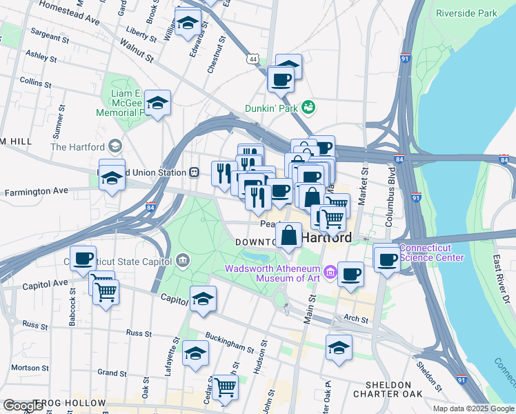 map of restaurants, bars, coffee shops, grocery stores, and more near 129 Ann Uccello Street in Hartford