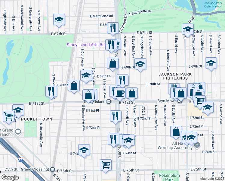 map of restaurants, bars, coffee shops, grocery stores, and more near 7006 South Stony Island Avenue in Chicago