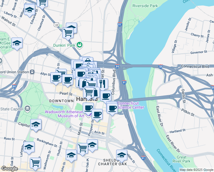 map of restaurants, bars, coffee shops, grocery stores, and more near 513 Constitution Plaza in Hartford