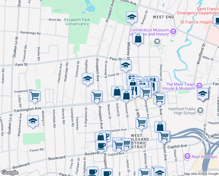 map of restaurants, bars, coffee shops, grocery stores, and more near 135 Oxford Street in Hartford