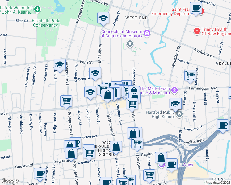 map of restaurants, bars, coffee shops, grocery stores, and more near 22 Kenyon Street in Hartford