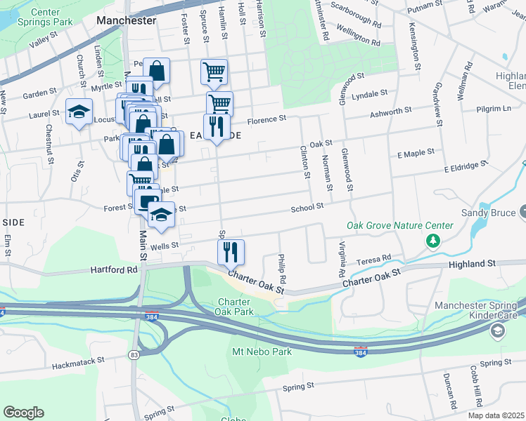 map of restaurants, bars, coffee shops, grocery stores, and more near 151 School Street in Manchester