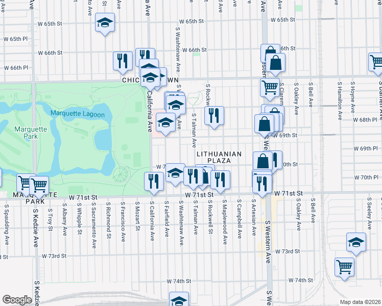 map of restaurants, bars, coffee shops, grocery stores, and more near 6930 South Talman Avenue in Chicago