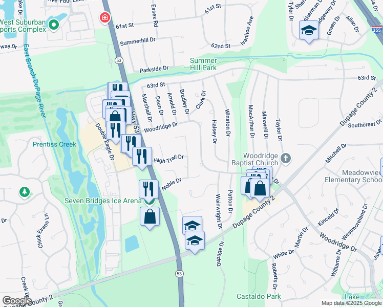 map of restaurants, bars, coffee shops, grocery stores, and more near 6526 Woodridge Drive in Woodridge