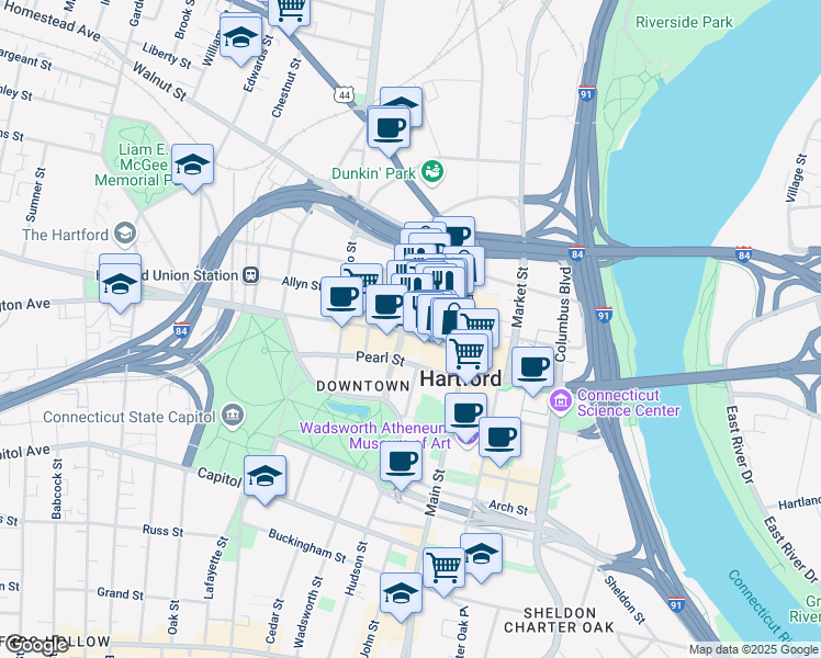 map of restaurants, bars, coffee shops, grocery stores, and more near in Hartford