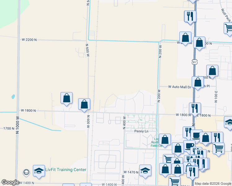map of restaurants, bars, coffee shops, grocery stores, and more near 415 West 1800 North in Logan