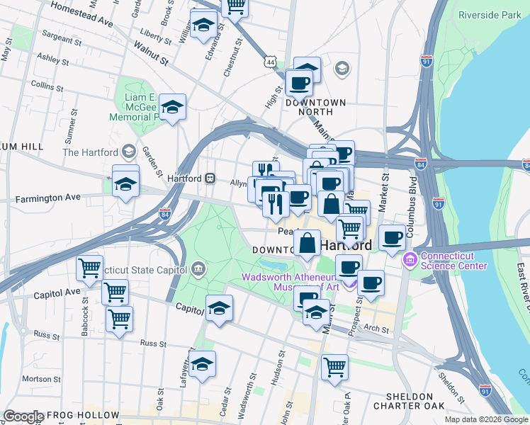 map of restaurants, bars, coffee shops, grocery stores, and more near 129 Ann Uccello Street in Hartford