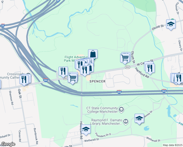 map of restaurants, bars, coffee shops, grocery stores, and more near Spencer Street & Pascal Lane in Manchester