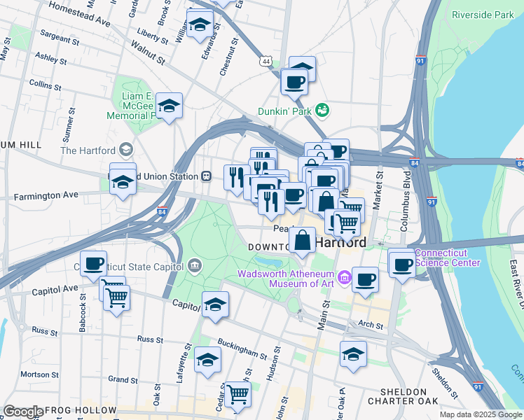 map of restaurants, bars, coffee shops, grocery stores, and more near 129 Ann Uccello Street in Hartford