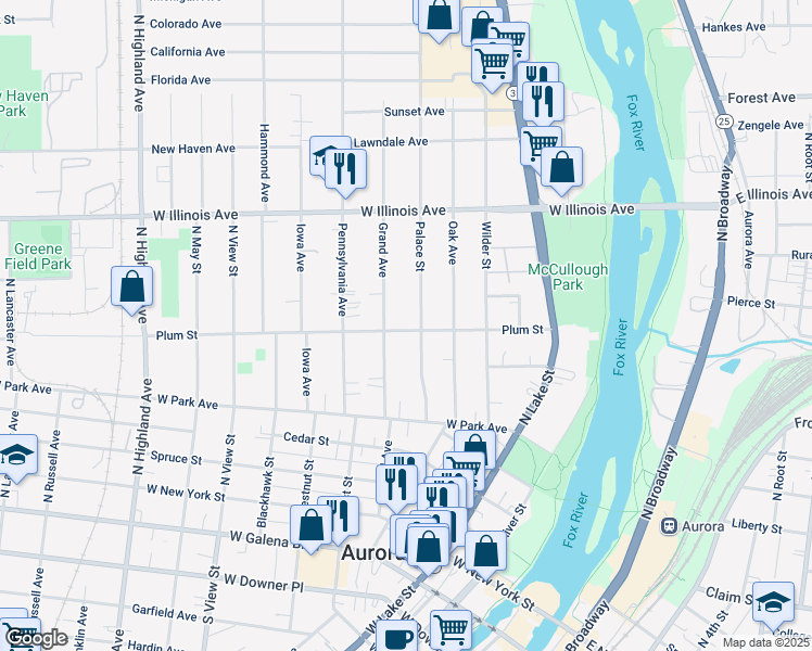 map of restaurants, bars, coffee shops, grocery stores, and more near 506 Palace Street in Aurora