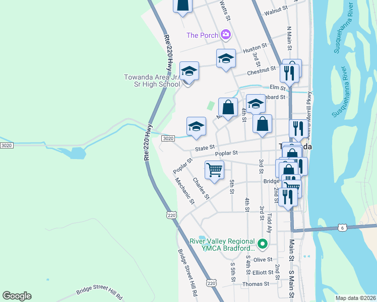 map of restaurants, bars, coffee shops, grocery stores, and more near 420 State Street in Towanda