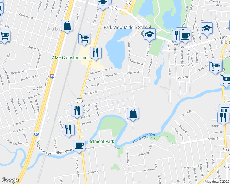 map of restaurants, bars, coffee shops, grocery stores, and more near 123 Burbank Street in Cranston