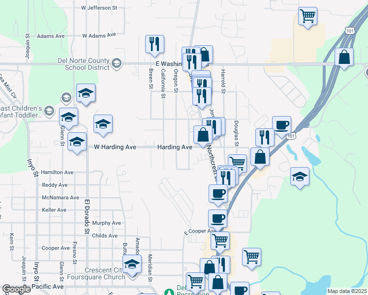 map of restaurants, bars, coffee shops, grocery stores, and more near 1200 Oregon Street in Crescent City