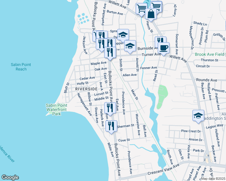 map of restaurants, bars, coffee shops, grocery stores, and more near 366 Bullocks Point Avenue in East Providence