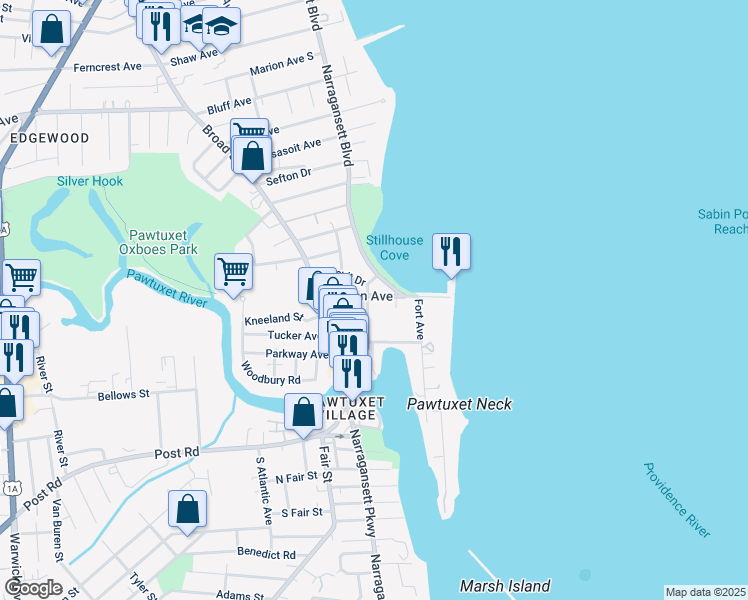 map of restaurants, bars, coffee shops, grocery stores, and more near 126 Ocean Avenue in Cranston
