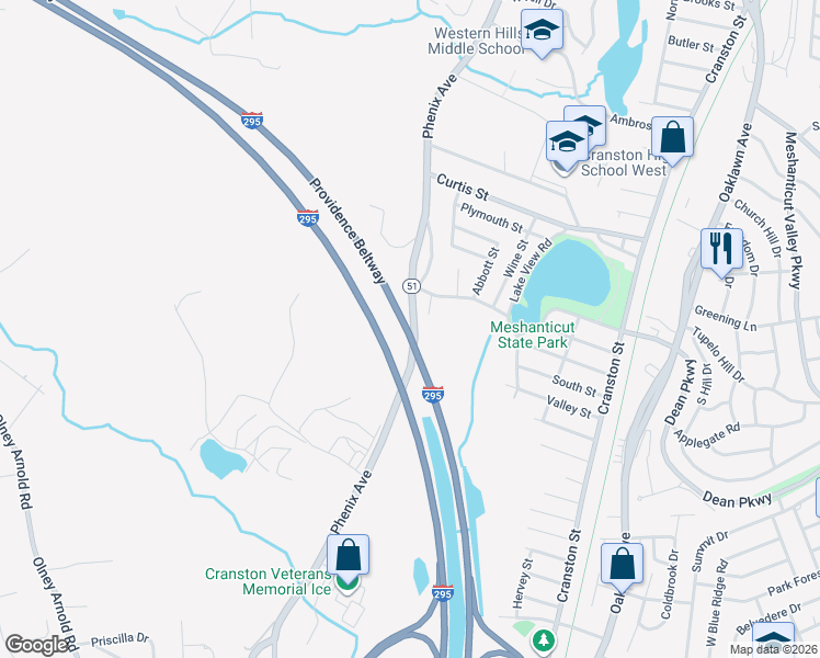 map of restaurants, bars, coffee shops, grocery stores, and more near 725 Phenix Avenue in Cranston