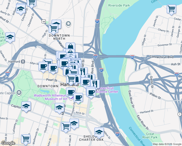 map of restaurants, bars, coffee shops, grocery stores, and more near 450 Columbus Boulevard in Hartford