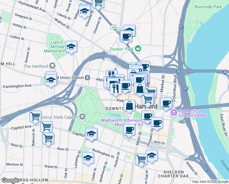 map of restaurants, bars, coffee shops, grocery stores, and more near 129 Ann Uccello Street in Hartford
