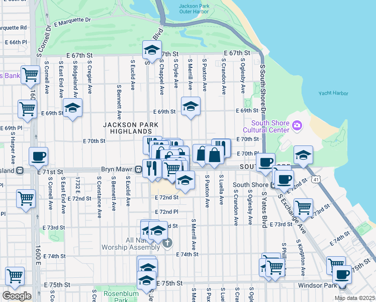 map of restaurants, bars, coffee shops, grocery stores, and more near 7014 South Merrill Avenue in Chicago