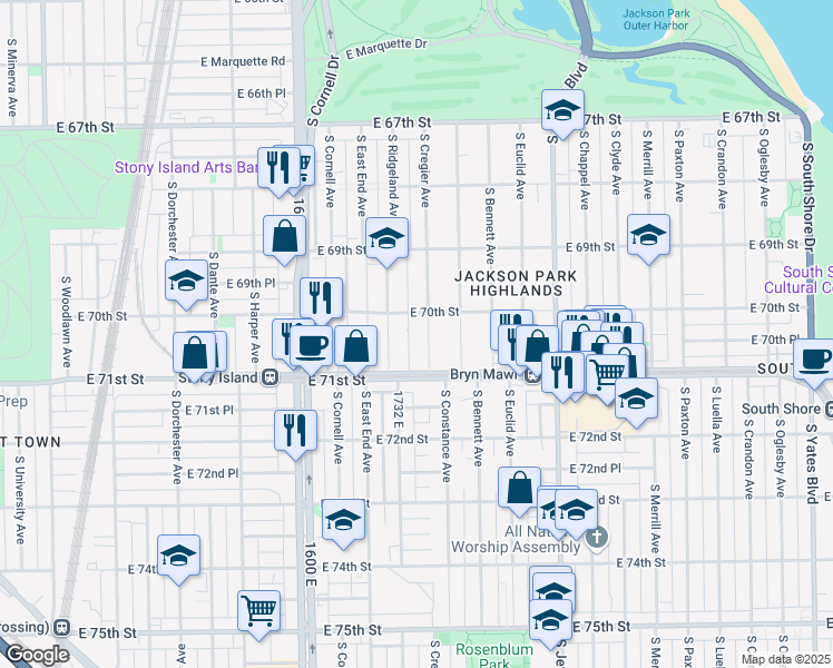 map of restaurants, bars, coffee shops, grocery stores, and more near 7012 South Cregier Avenue in Chicago