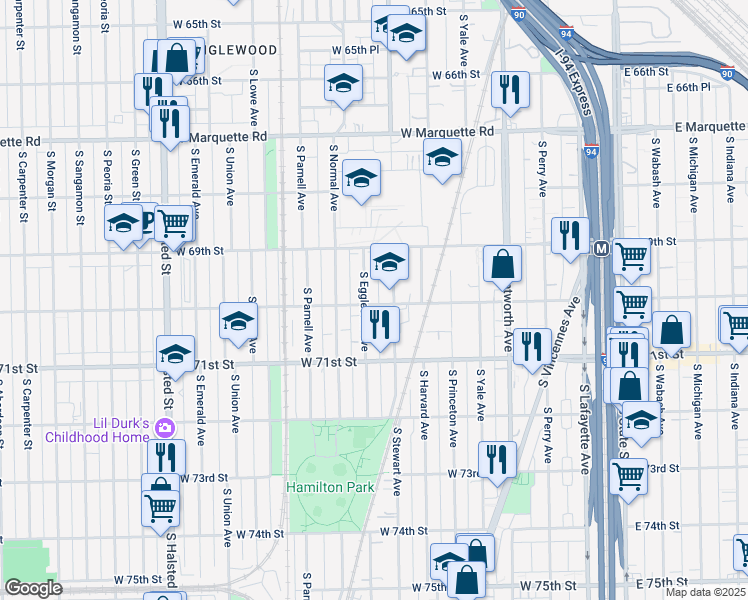 map of restaurants, bars, coffee shops, grocery stores, and more near 6950 South Eggleston Avenue in Chicago