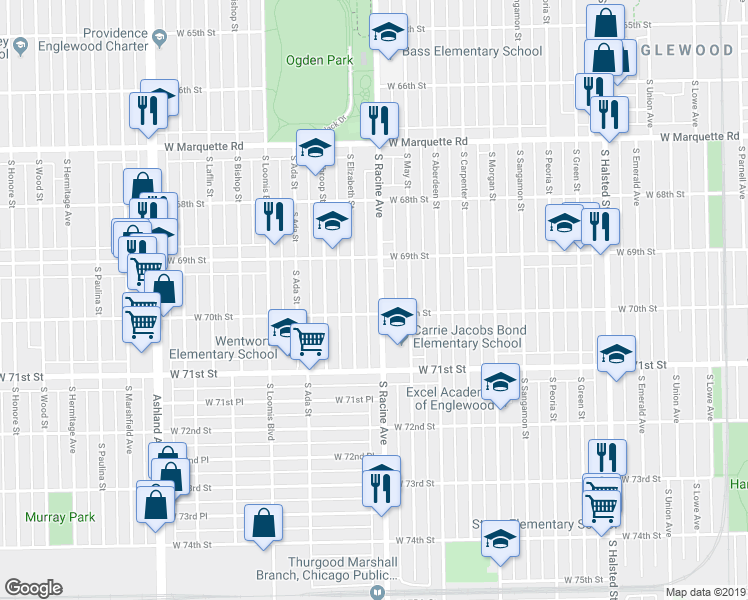 map of restaurants, bars, coffee shops, grocery stores, and more near 6941 South Racine Avenue in Chicago