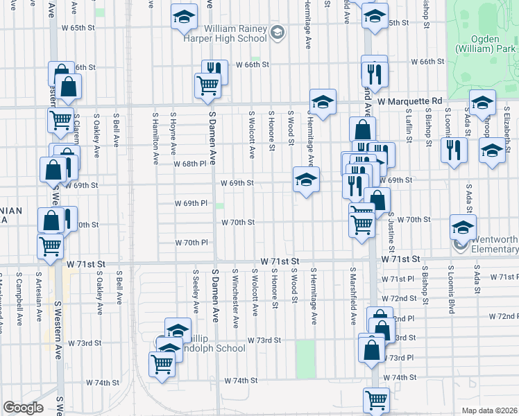 map of restaurants, bars, coffee shops, grocery stores, and more near 6932 South Honore Street in Chicago