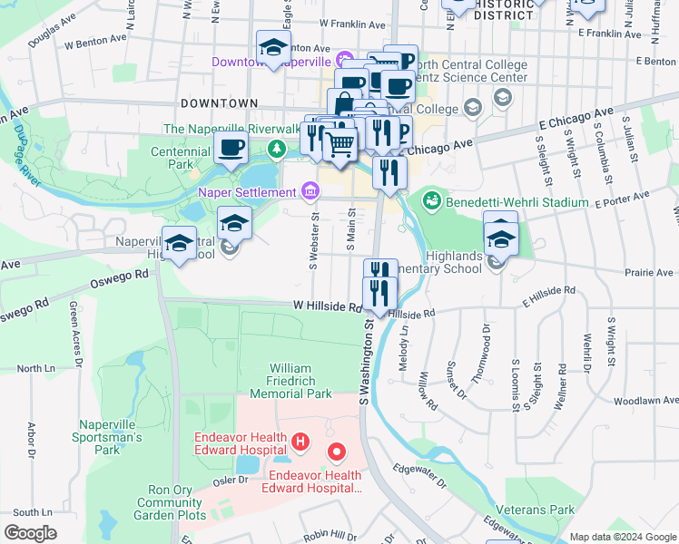 map of restaurants, bars, coffee shops, grocery stores, and more near 615 South Main Street in Naperville