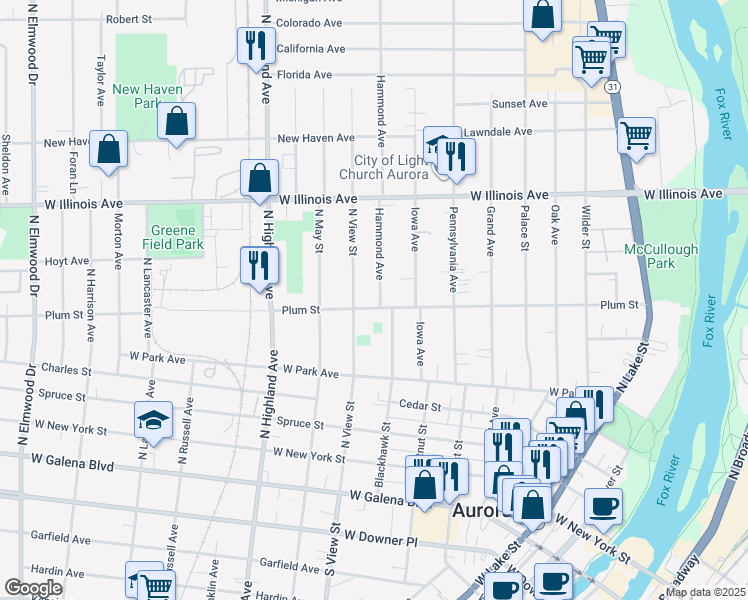 map of restaurants, bars, coffee shops, grocery stores, and more near 510 Hammond Avenue in Aurora