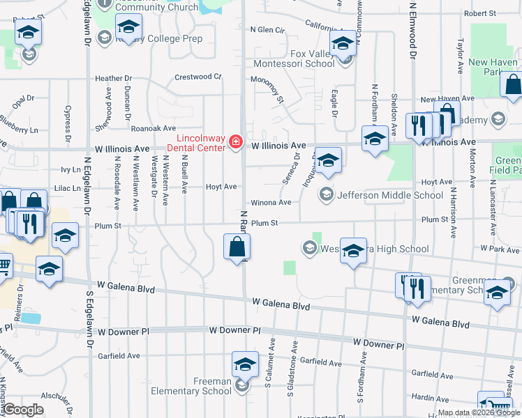 map of restaurants, bars, coffee shops, grocery stores, and more near 1324 Winona Avenue in Aurora